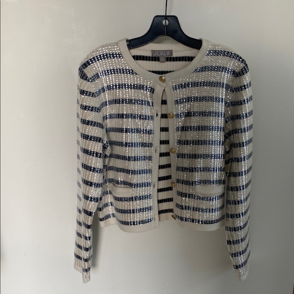J. Crew Women's Striped Sequin Cardigan - Blue and White